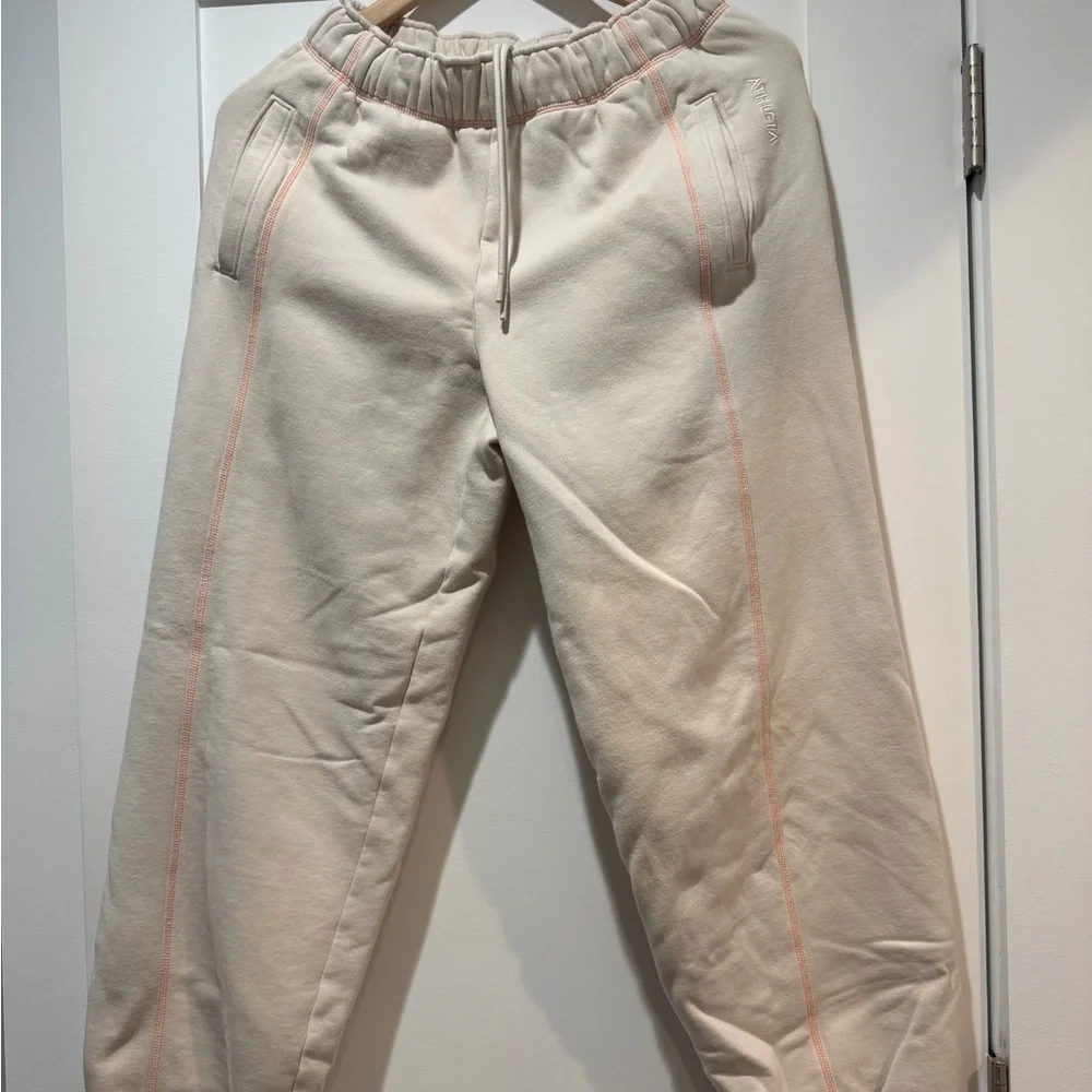 Matching set!! Athleta quarter zip and jogger sweat set! Cream/peach stitching. - Picture 3 of 4